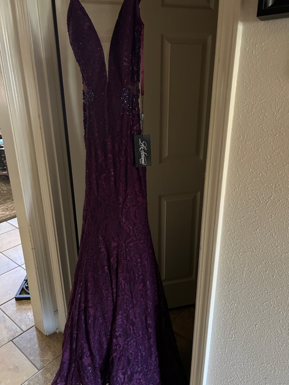 La Femme Deep Plum Lace Mermaid Gown size 00 - Picture 3 of 5